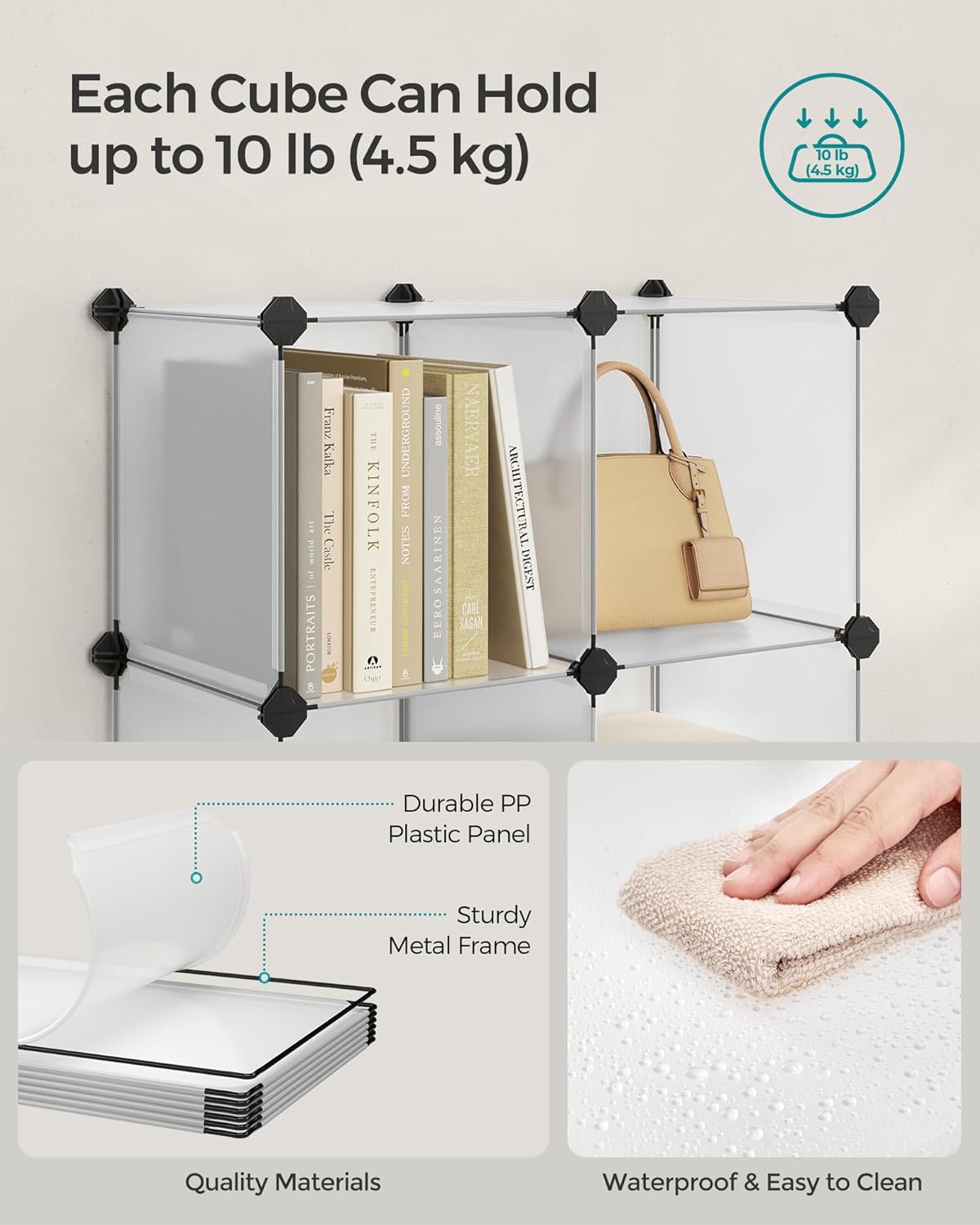 SONGMICS Cube Storage Organizer, Set of 16 Plastic Cubes, Closet Storage Shelves, DIY Plastic Closet Cabinet, Modular Bookcase, Shelving with Doors for Bedroom, Living Room, White ULPC44BSV1