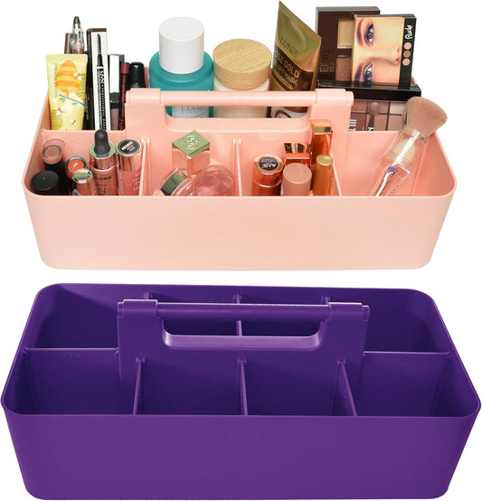 Portable Caddy Organizer -2 Stackable Plastic Caddy with Handle | Desk, Makeup, Dorm Caddy, Classroom Art Organizers (Made In Usa) (Indie Pink/Royal Purple)