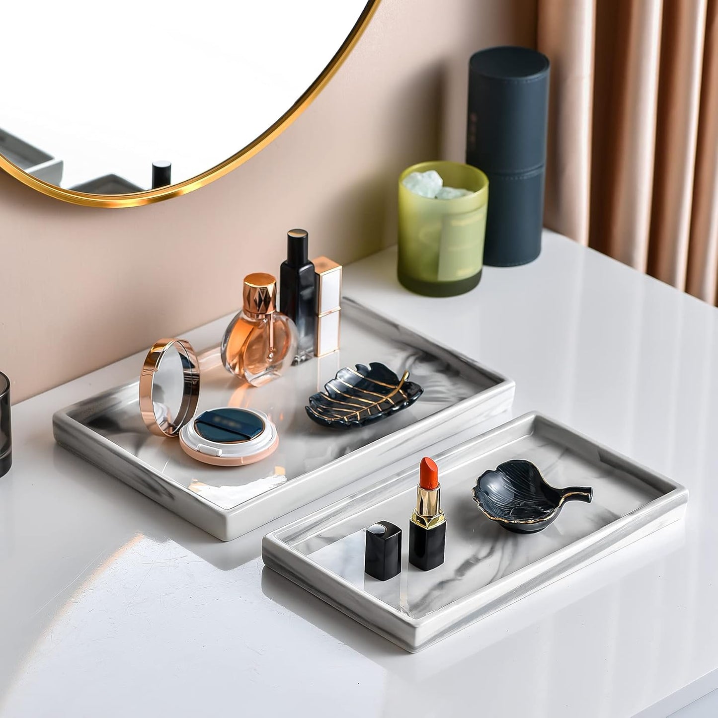 Vanity Bathroom Tray,Perfume Organizer Jewelry Plate Holder White Marble Tray Decorative Ceramic Rectangle Small Tray Serving Tray