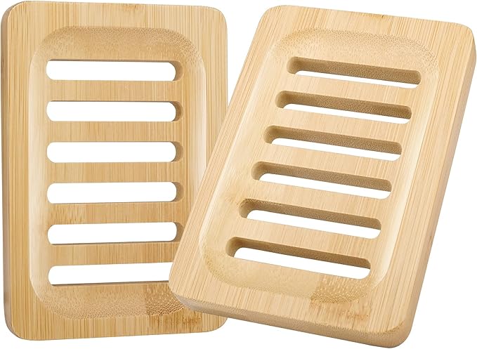Anwenk Bamboo Wooden Soap Dish, Bar Soap Holder Soap Tray for Shower Bathroom Kitchen Sink Drainer - 2 Pack (Natural Color)