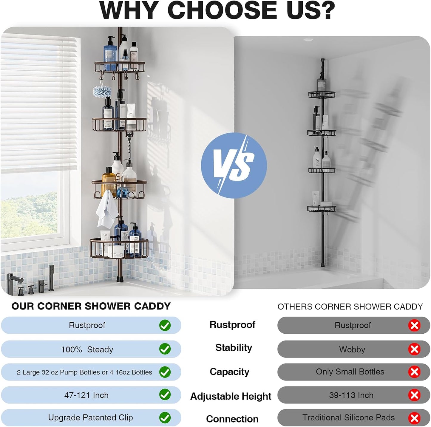 Corner Shower Caddy Tension Pole: Stainless Steel Rustproof 4-Tier Shower Organizer - 47-121 inch Adjustable Bathroom Shelves for Bathtub Shampoo Storage - Tension Rod Floor Standing Bath Rack -Bronze