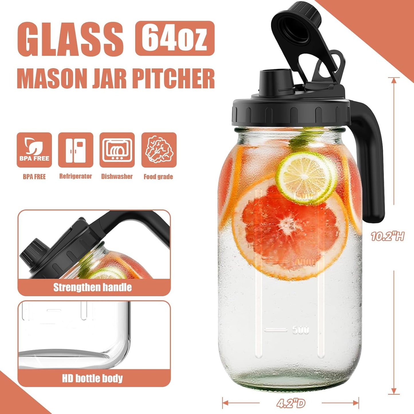 2-Pack 64oz Glass Mason Jar Pitchers with Wide Mouth & Measurement Marks – Leak-Proof Twist Lids for Cold Brew, Iced Tea, Juice, Lemonade