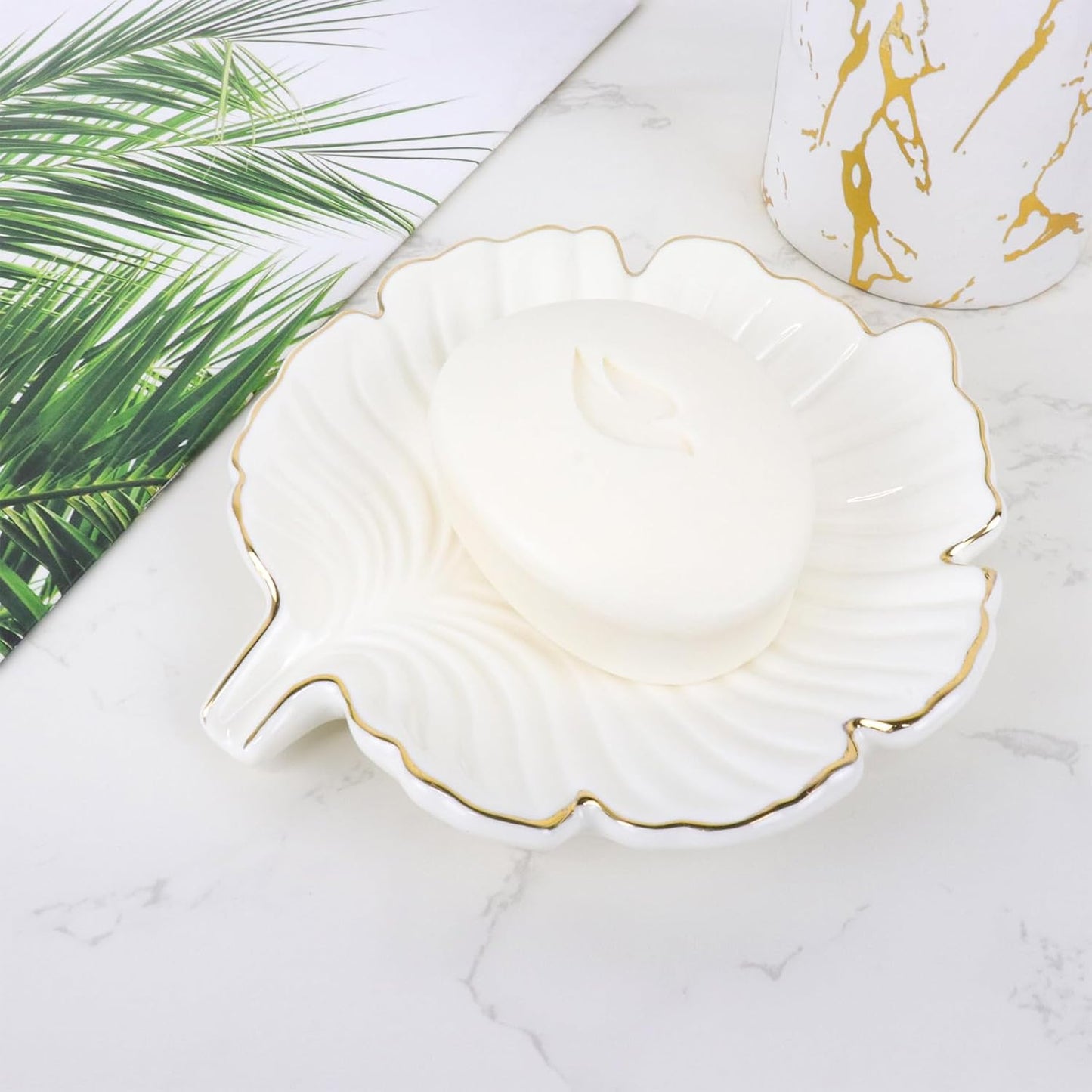 White Leaf Bathroom Soap Dish,Ceramic Soap Dish Holder in Palm Leaf Style,Self Draining Design and Used to Hold Various Small Bathroom and Kitchen Accessories
