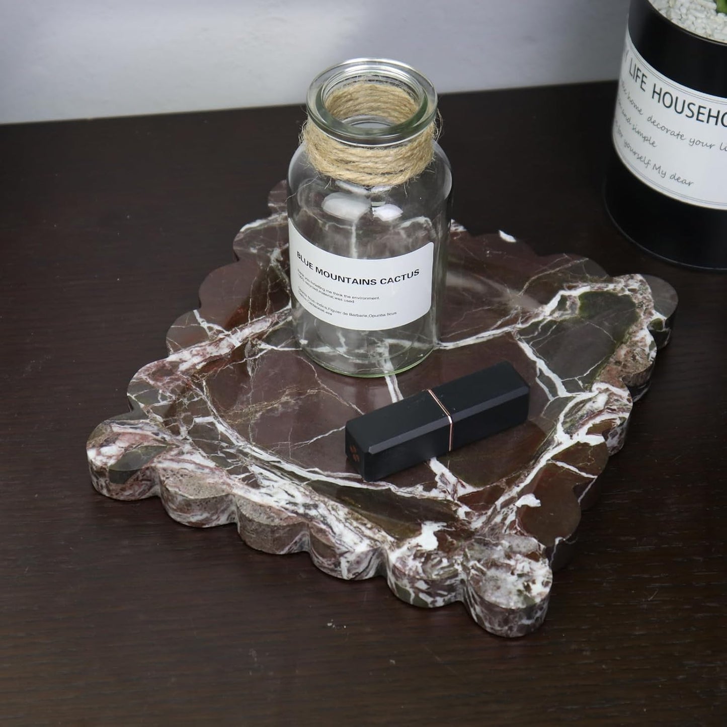 Square Marble Decorative Tray with Scalloped Edge, Luxury Natural Stone Bathroom Vanity Tray, Dresser Top Perfume Coffee Home Kitchen Sink Tray, Key Trinket Ring