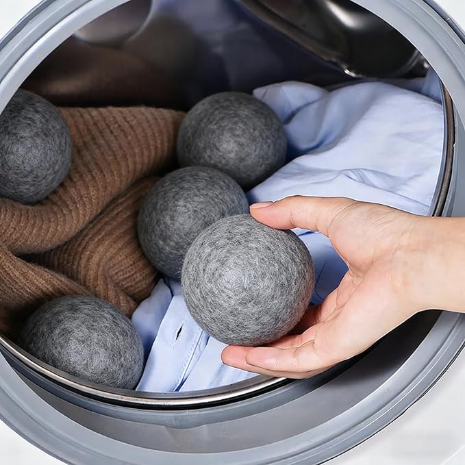 6 Pack Wool Dryer Balls Laundry Reusable Anti Static, Cotton Balls Wool Laundry Balls for Dryer Reduces Clothing Wrinkles Natural Fabric Softener Last 1000+ Loads (Dark Grey, 2.75 in/7 cm)