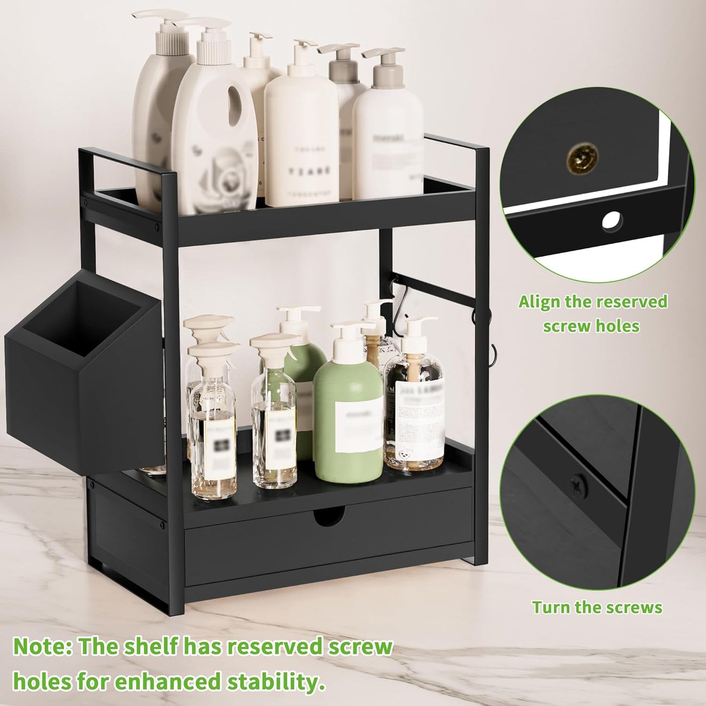 2-Tier Bathroom Counter Organizer with Drawer and Basket, Wood Countertop Organizer for Storage, Skincare Organizers for Vanity, Counter Shelf for Bathroom Organization, Black