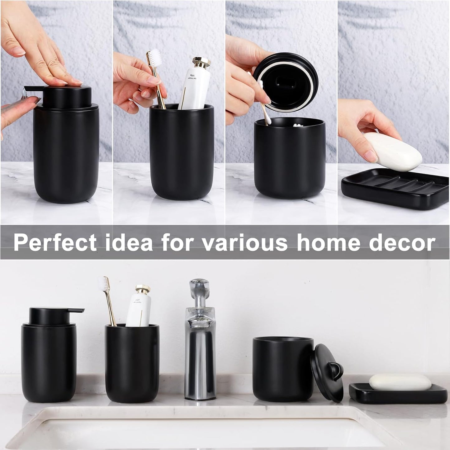 BosilunLife Ceramic Bathroom Accessories Sets - Black Bathroom Vanity Sets Accessories Soap Dispenser Toothbrush Holder Set, Soap Dish and Cotton Swab Jars, Bath Accessories Sets for Bathroom