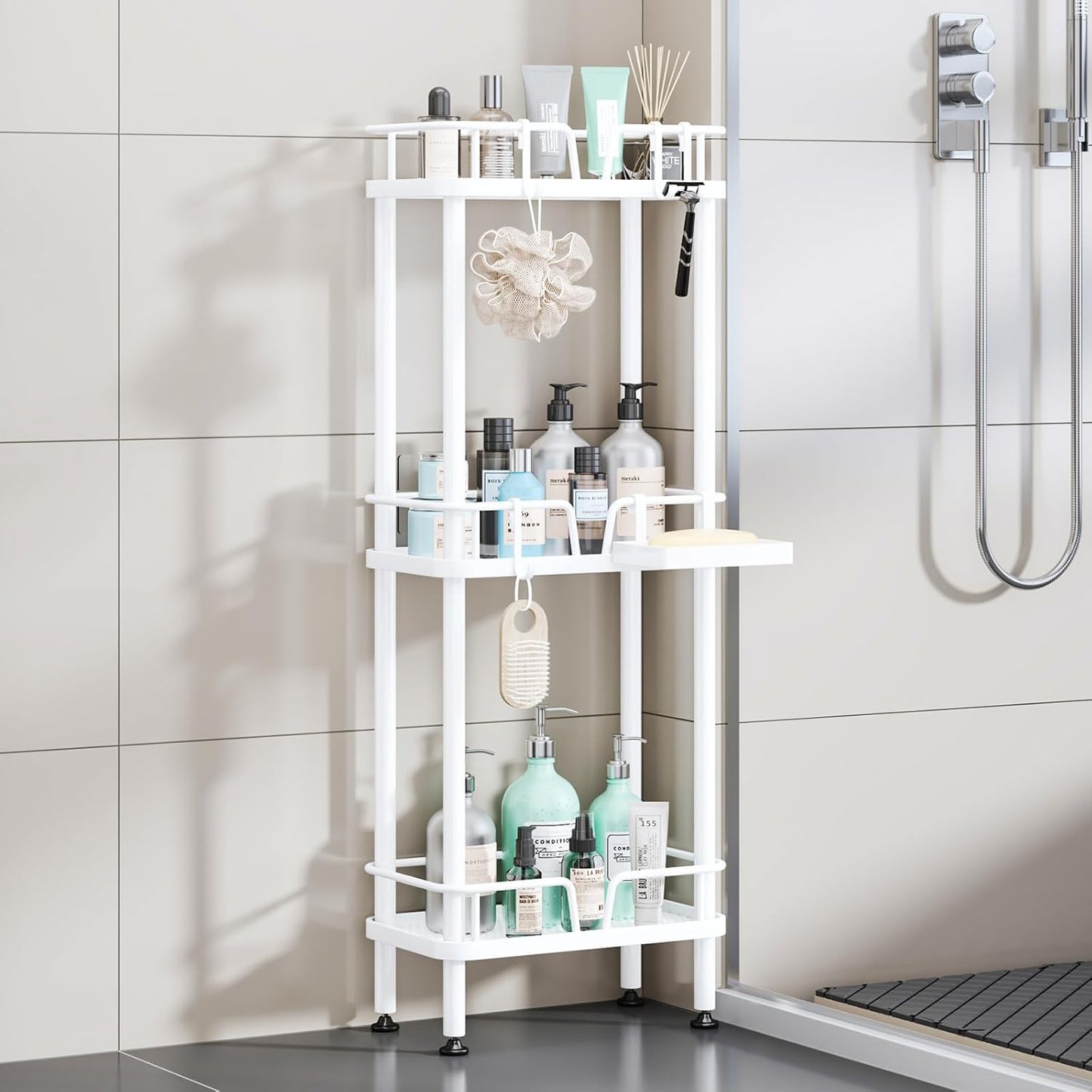 HapiRm Standing Corner Shower Caddy - 3 Tier Corner Shower Organizer with Soap Holder, Rustproof Stainless Steel Bathroom Shelf with 4 Hooks, White