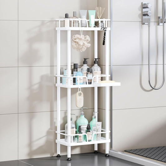 HapiRm Standing Corner Shower Caddy - 3 Tier Corner Shower Organizer with Soap Holder, Rustproof Stainless Steel Bathroom Shelf with 4 Hooks, White