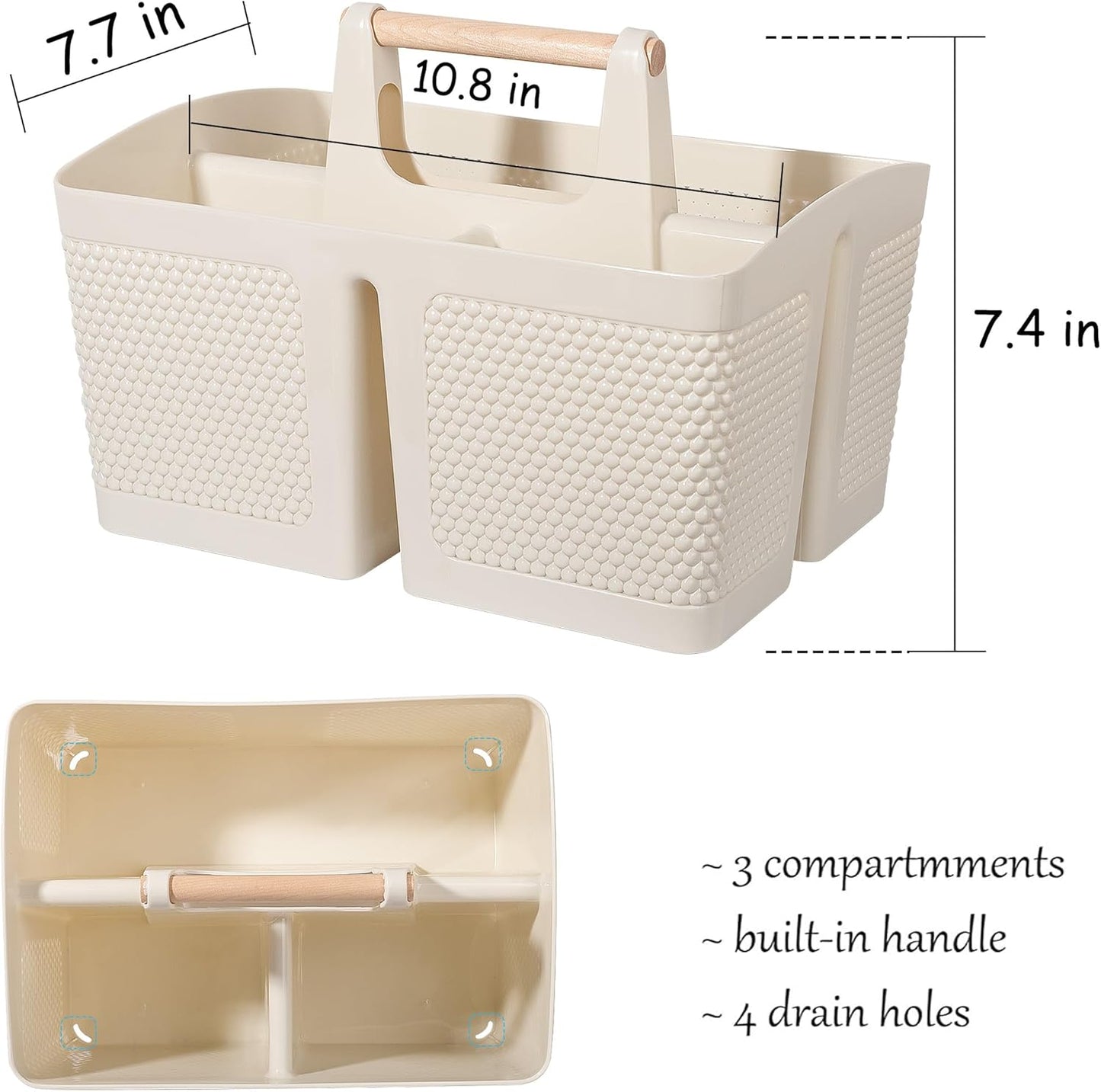 rejomiik Portable Shower Caddy Basket Plastic Cleaning Caddy Organizer Storage Tote with Handle for Bathroom, College, Dorm Room Essentials, Cream