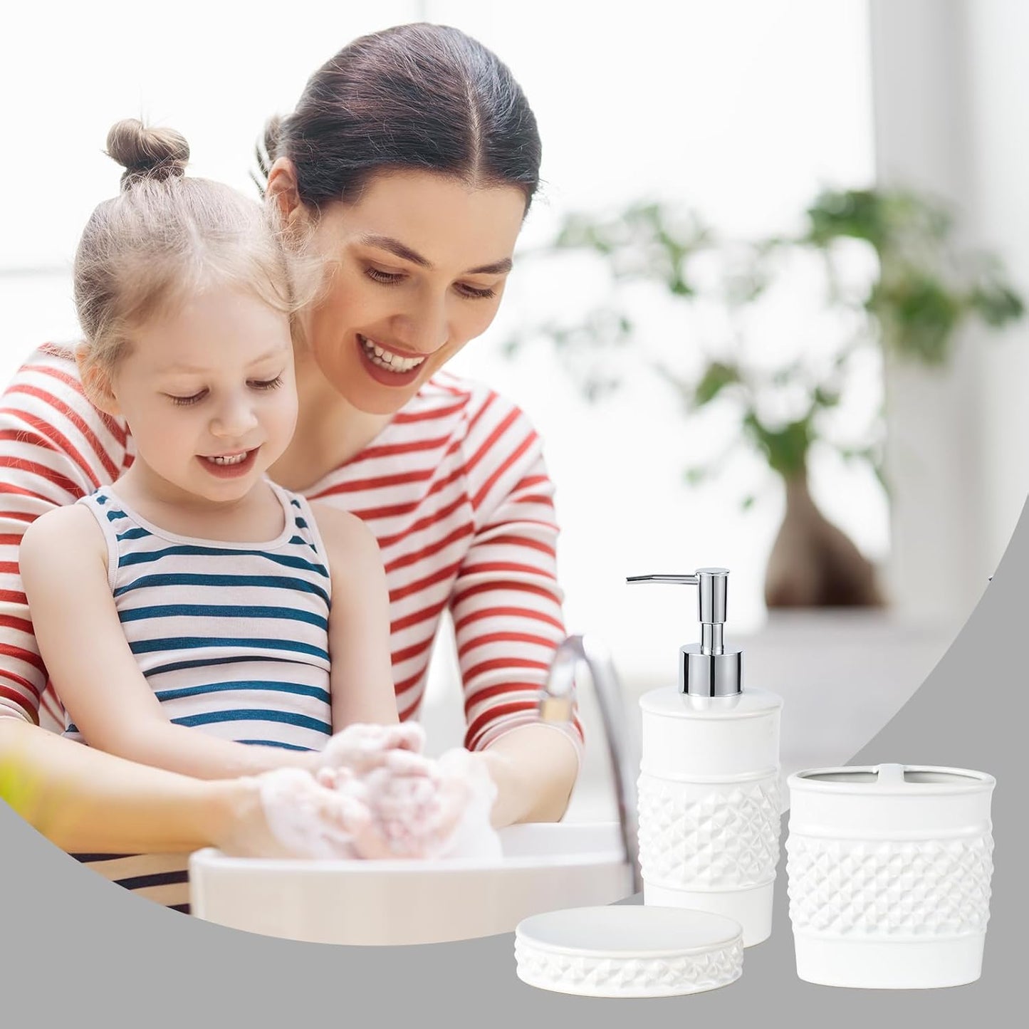 3-Piece White Ceramic Bathroom Accessories Set - Luxurious Soap Dispenser, Toothbrush Holder & Soap Dish with Modern Geo Embossed Design for Bathroom Accessory Set