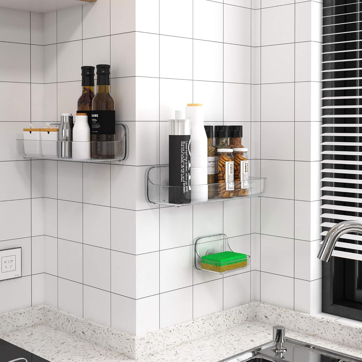 TZAMLI Clear Shower Caddy with Soap Dish, Adhesive Shower Organizer Shelf Plastic Wall Mounted No Drilling Shelves for Bathroom Kitchen Storage, 3 Pack