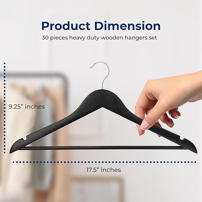 SereneLife 30 Pack Black Wooden Hangers Heavy Duty Non Slip Clothes Hanger Set with 360° Swivel Chrome Hook Notches and Pants Bar 10 lb Capacity Closet Organizers for Shirts Suits Coats Dresses