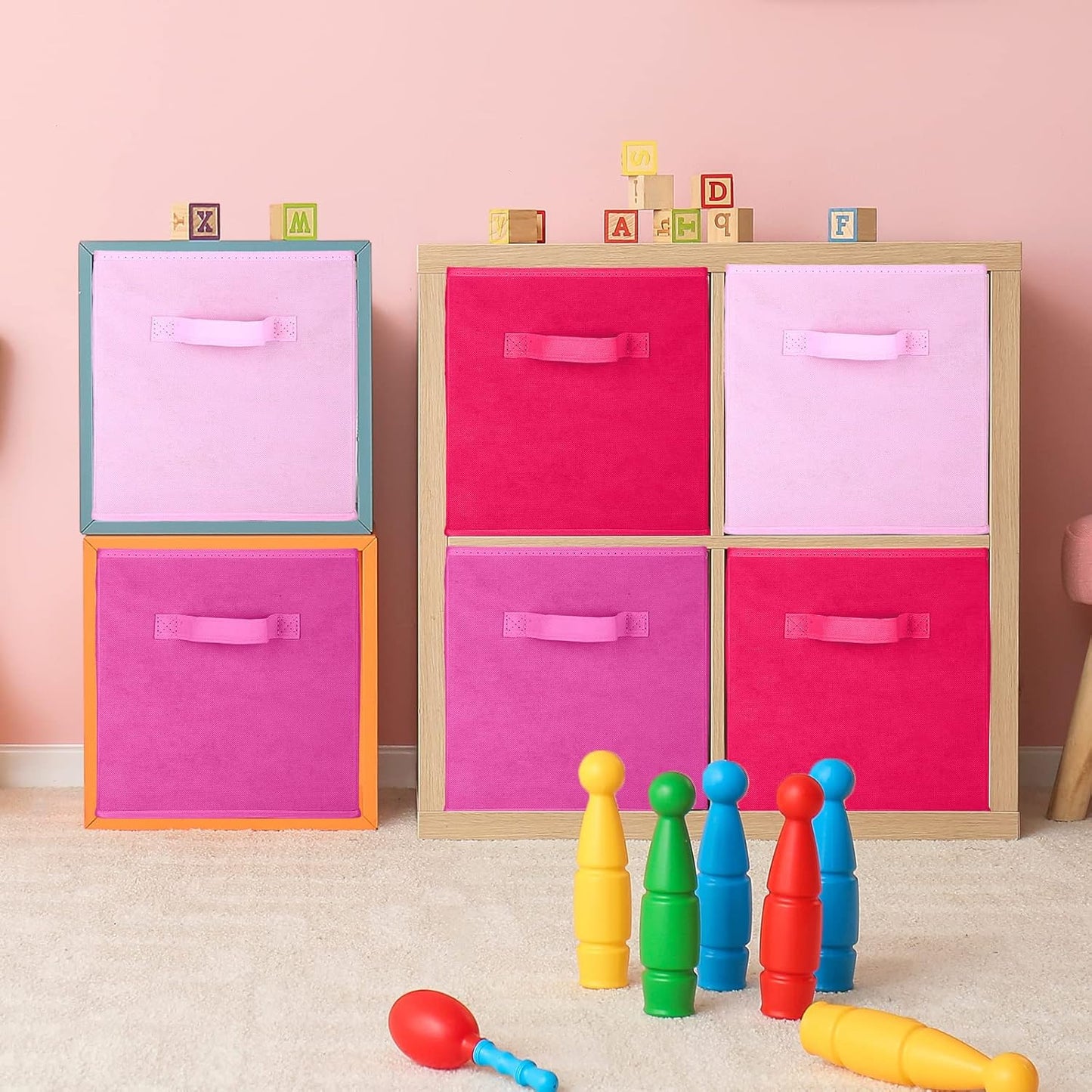 Karenhi 11" x 10. 5" x 10. 5" Pink Storage Cube, 6 Pack Fabric Cube Storage Bins Organizer Box, Collapsible Baskets with Handles Foldable Shelf for Cloth Toys Home Room Closet, Pack of 6