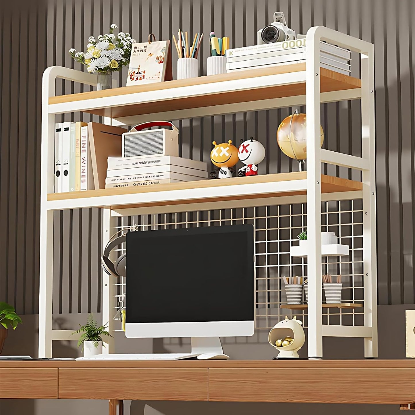 Desk Shelf Organizer with Metal Grid, 2-Tier Desktop Bookshelf, Rustic Wood & Metal Desk Hutch for Home Office and Dorm (White, 37.4" L × 7.9" W × 38.6" H)