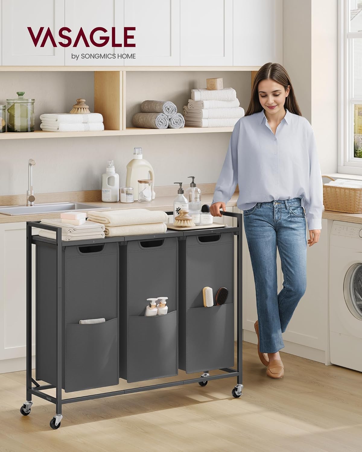 VASAGLE Laundry Sorter, 43.5 Gal. (165 L) Laundry Hamper Basket with 3 Compartments, Rolling Cart with Wheels, Shelf, Removable Bags, Pockets, Slate Gray and Charcoal Gray UBLH031G01