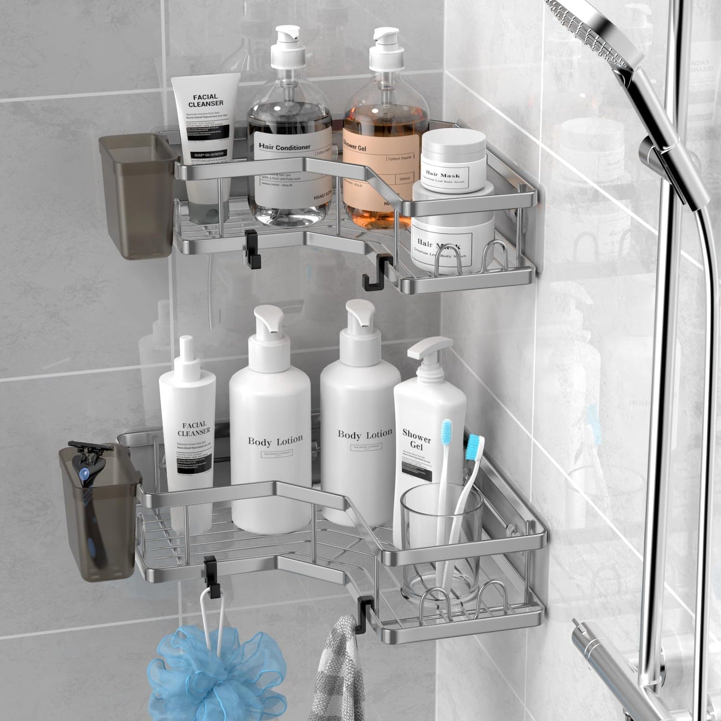 Corner Shower Caddy Bathroom Organizer: AKTECKE 2 Pack Adhesive Shelf Decor- No Drilling Stainless Steel Storage Rack with Hooks and Toothpaste Holder - Accessories Stuff