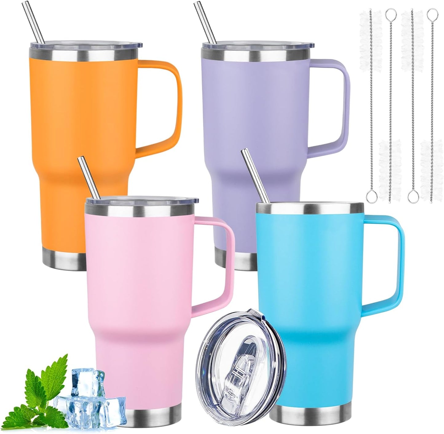 20oz Insulated Tumbler with Handle Stainless Steel Travel Coffee Mug with Lid and Straw Double Wall Vacuum Leak-proof Reusable Thermal Water Cup for Hot and Cold Drinks (Multicolor-2,4 Pack)