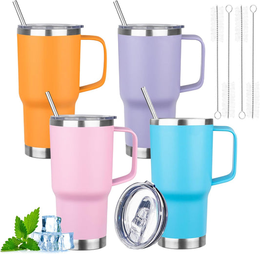 20oz Insulated Tumbler with Handle Stainless Steel Travel Coffee Mug with Lid and Straw Double Wall Vacuum Leak-proof Reusable Thermal Water Cup for Hot and Cold Drinks (Multicolor-2,4 Pack)