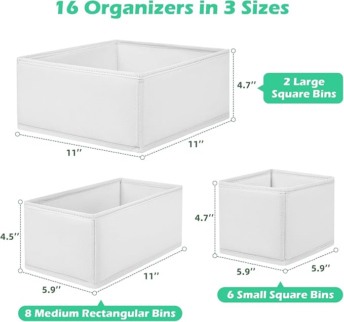 Drawer Clothing Organizer 16-Pack, White 3 Sizes Underwear Drawer Dividers, Fabric Folding Wardrobe Organizer, Can Store Baby Clothes, Bras, Underwear, Panties, Belts, Socks, Ties, etc.