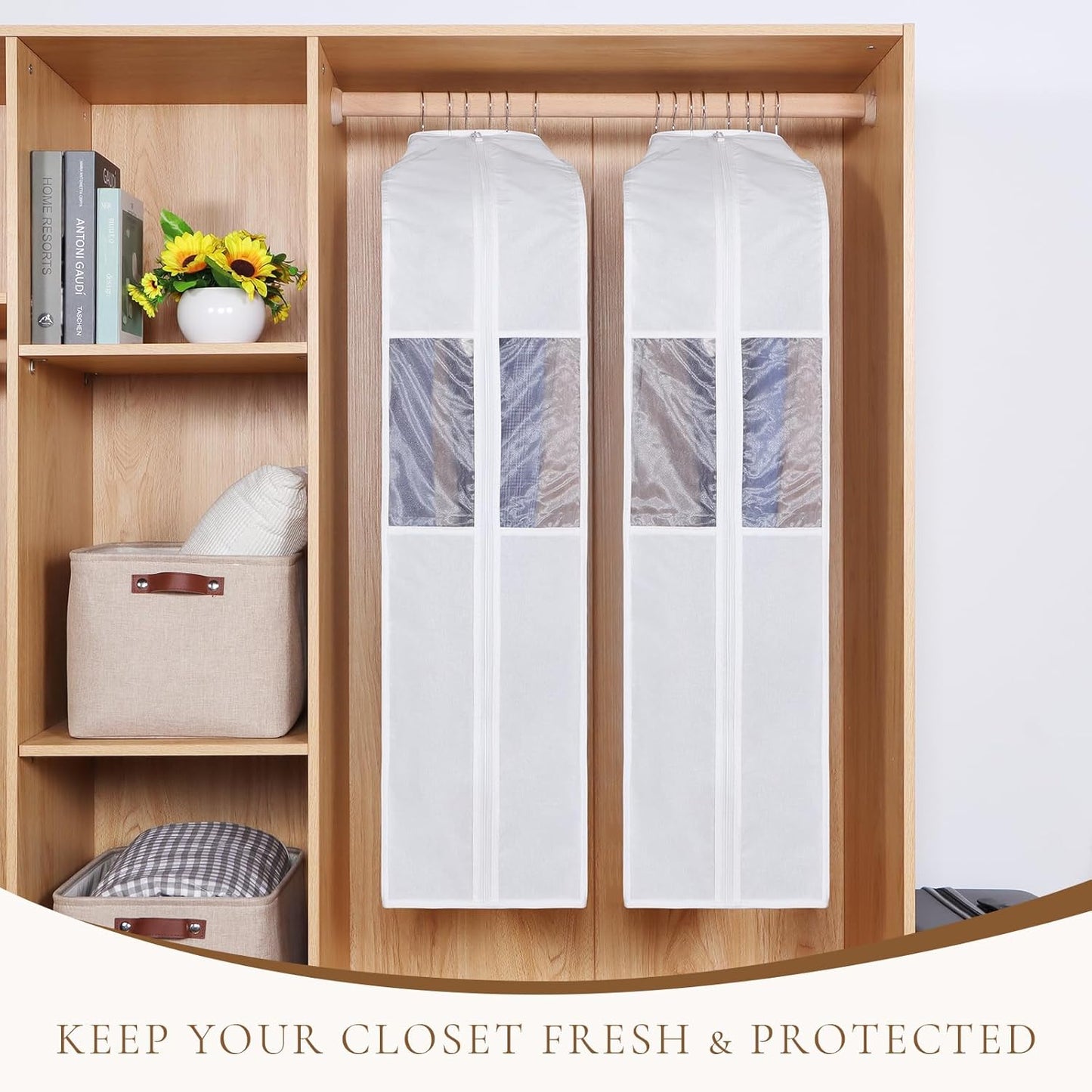 Univivi Premium Cotton Garment Bags for Hanging Clothes and Storage, 40 Inch Washable Suit Cover Bag with Extra Large 10" Gusset & Clear Window - Perfect for Suits, Coats, Jackets - 2 Pack
