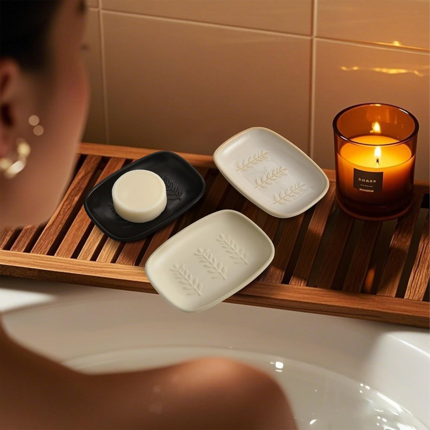 Ceramic Soap Dish for Bathroom, Bar Soap Holder with Elevated Ridges - Keeps Soap Dry, Premium Porcelain Dish, Elegant Modern Decor for Vanity Sink, Shower (Beige)