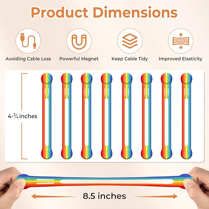Kanemc Cable Ties Magnetic Cord Organizer Wraps, 8 Pcs Colored Cord Keepers Rainbow Colors Silicone Cable Straps Travel Car Home Office Kitchen Electrical Cable Storage Refrigerator Magnets