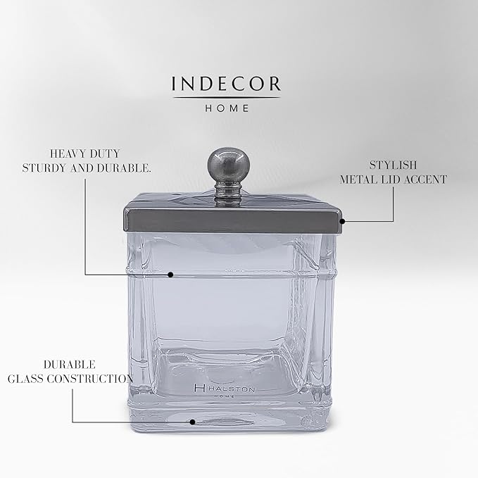 Apothecary Glass Cotton Jar Holder Brushed Nickel Stainless Steel Lid, Elegant Bathroom Storage Canister for Qtips, Cotton Balls, Floss, Makeup Organizer, Vanity Bathroom Organization