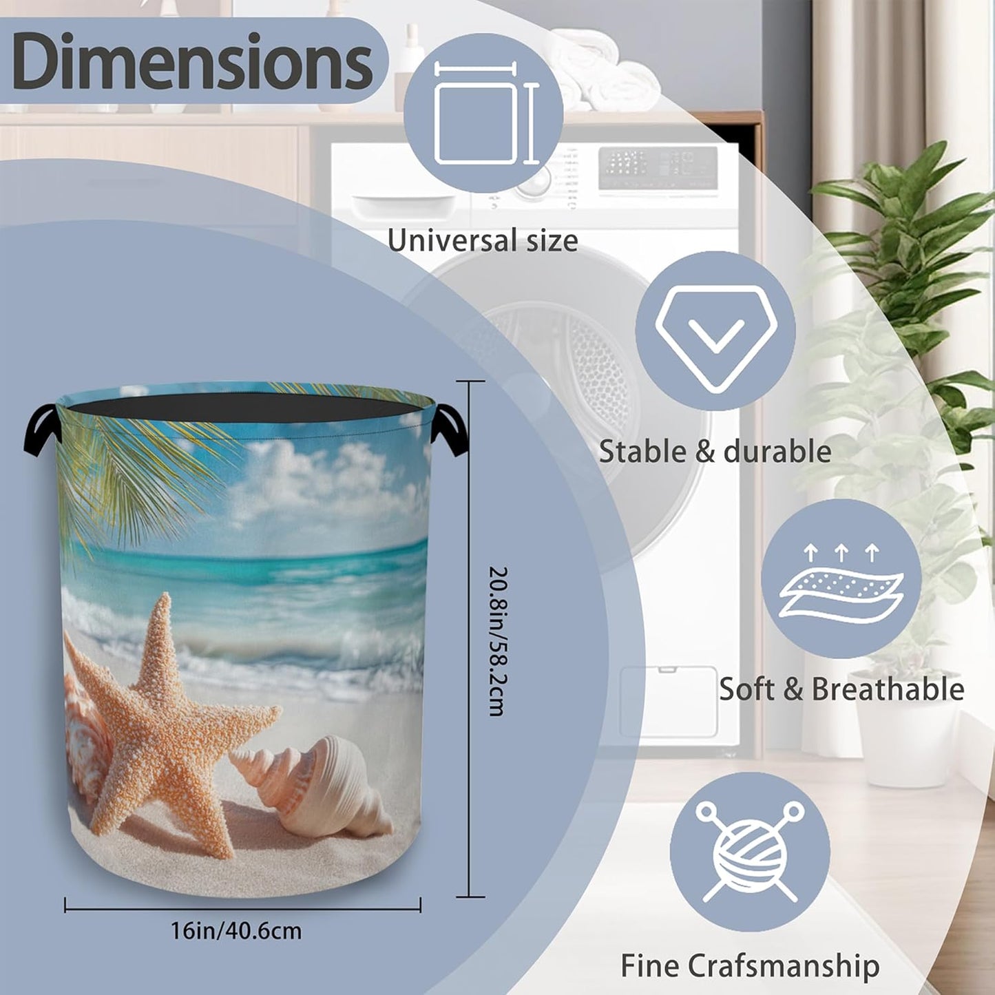Starfish Shells Laundry Basket,Beach Oxford Cloth Laundry Hamper with Handle Foldable Portable Clothes Storage Basket for Bathroom Bedroom Dorm Room 16" x 20.8"