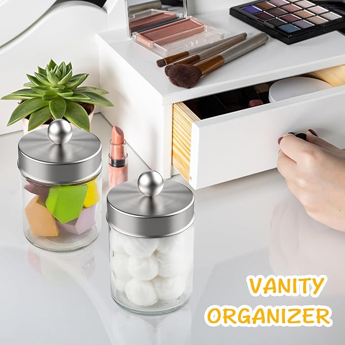 4 Pack Glass Apothecary Jars with Lids for Bathroom, Cute Qtip Holder, Silver Bathroom Accessories Set, Small Bathhouses Canisters with Lids for Q-Tips, Cotton Swabs, Silver Bathhouses Decor