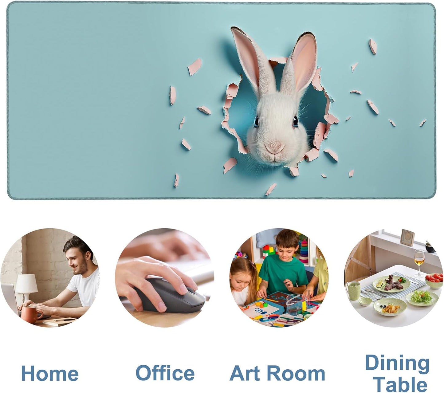 Gaming Desk Pad Large Extra Length Bunny Peeking Out of A Hole Mouse Pad Keyboard Laptop Non-Slip Waterproof with Rubber Base Thick Stitched Edge Mouse Mat for Office Home 35.4 x 15.7 Inches