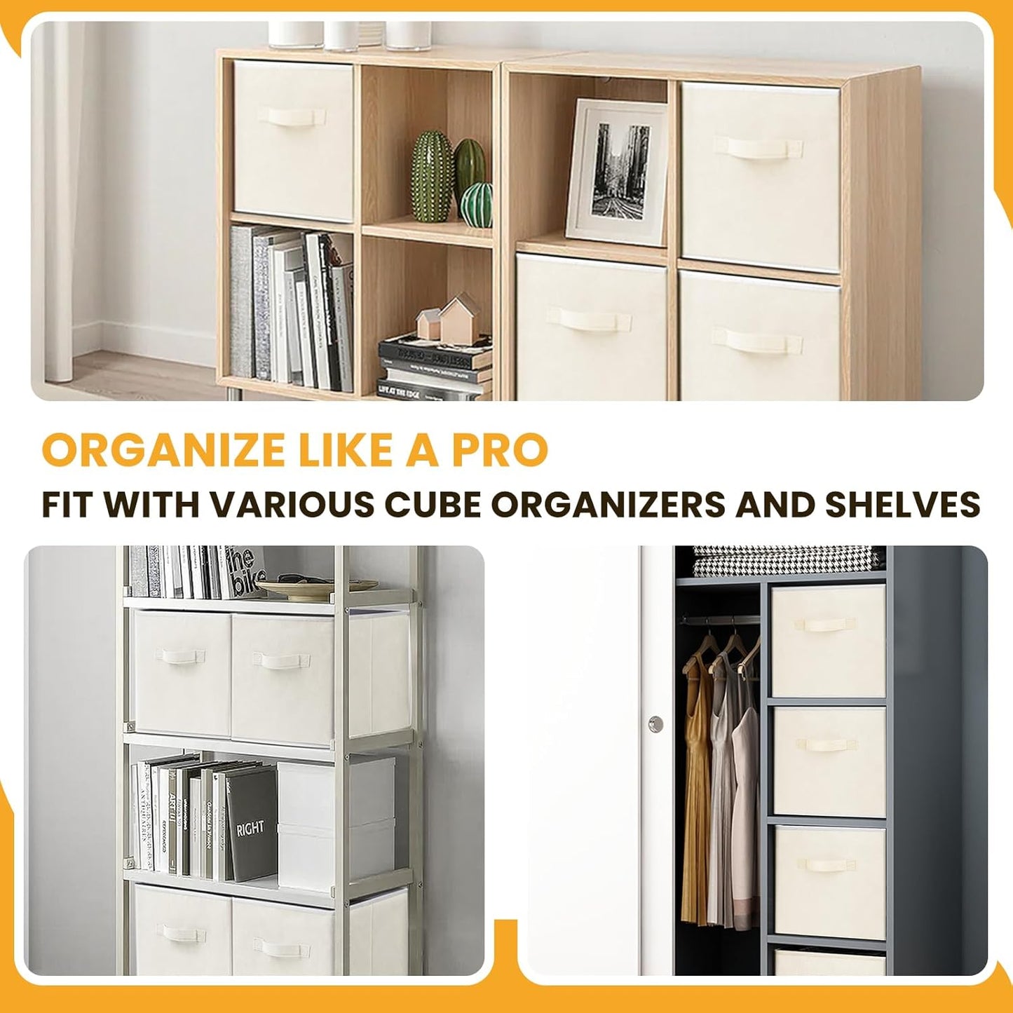 Criusia Large Storage Cubes, 13 Inch Cube Storage Bins for Shelves Closet Nursery Bedroom - 10 Pack Collapsible Storage Baskets with Handles - Fabric Bins for Organizing Clothes Blanket Toys (Beige)