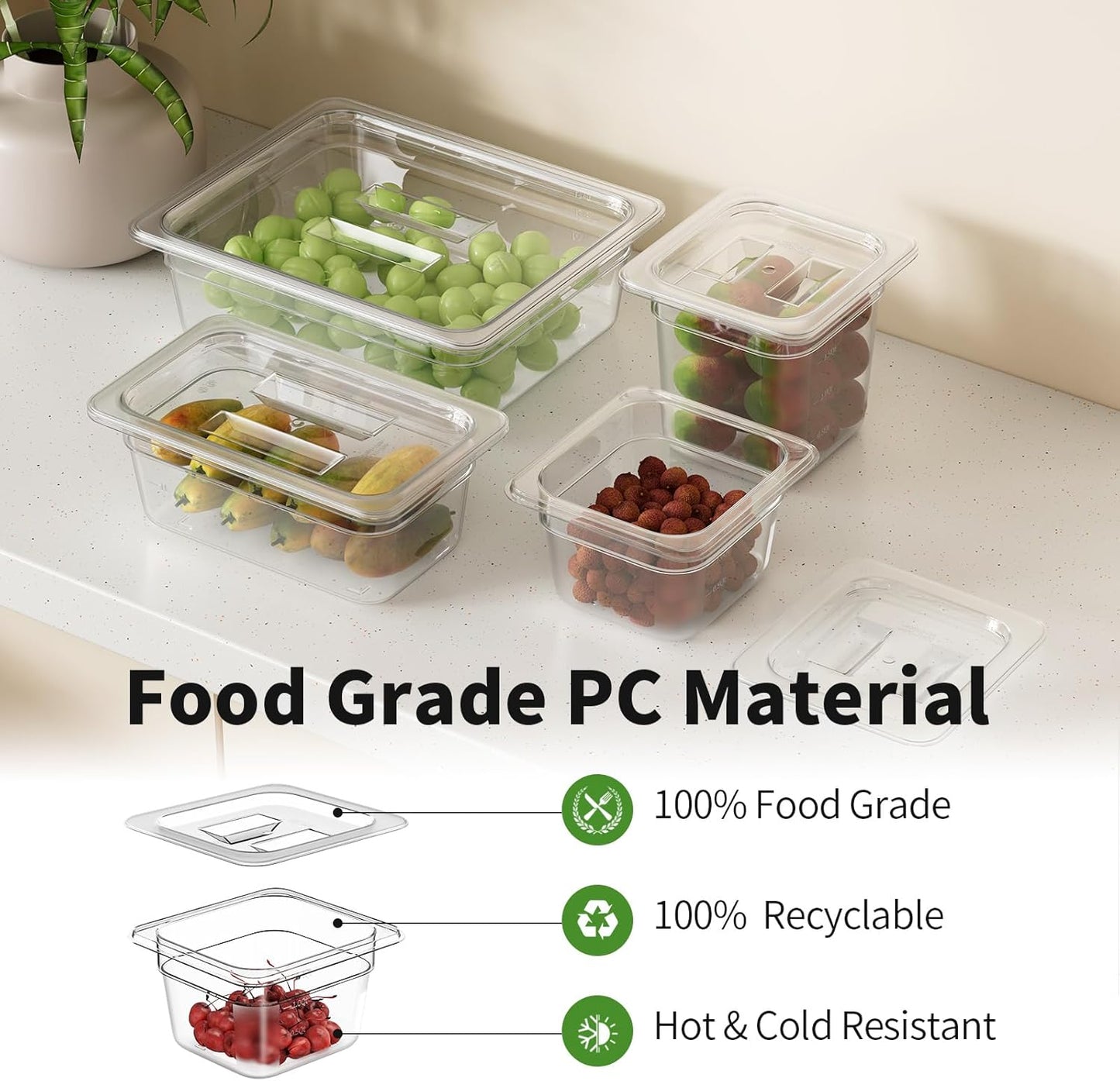 1/6 4" 6 Pack Plastic Food Pans With Lids, Clear Food Pan, Commercial Stackable Polycarbonate Freezer-Safe for Fruits Vegetables Restaurant Kitchen