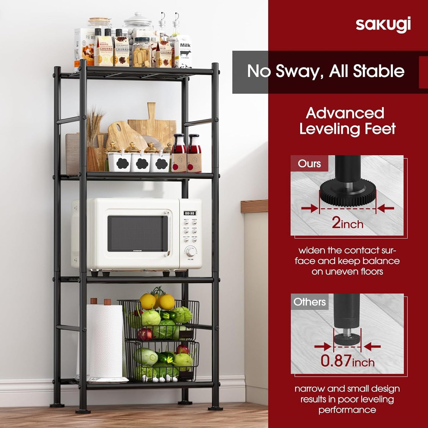 Storage Shelves - 4 Tier Shelf Organizer, Heavy Duty Garage Shelving Unit with Leveling Feet, Stable Metal Shelves Organizer for Pantry, Kitchen and Closet, 18.4" W x 12.6" D x 44.2" H, Black