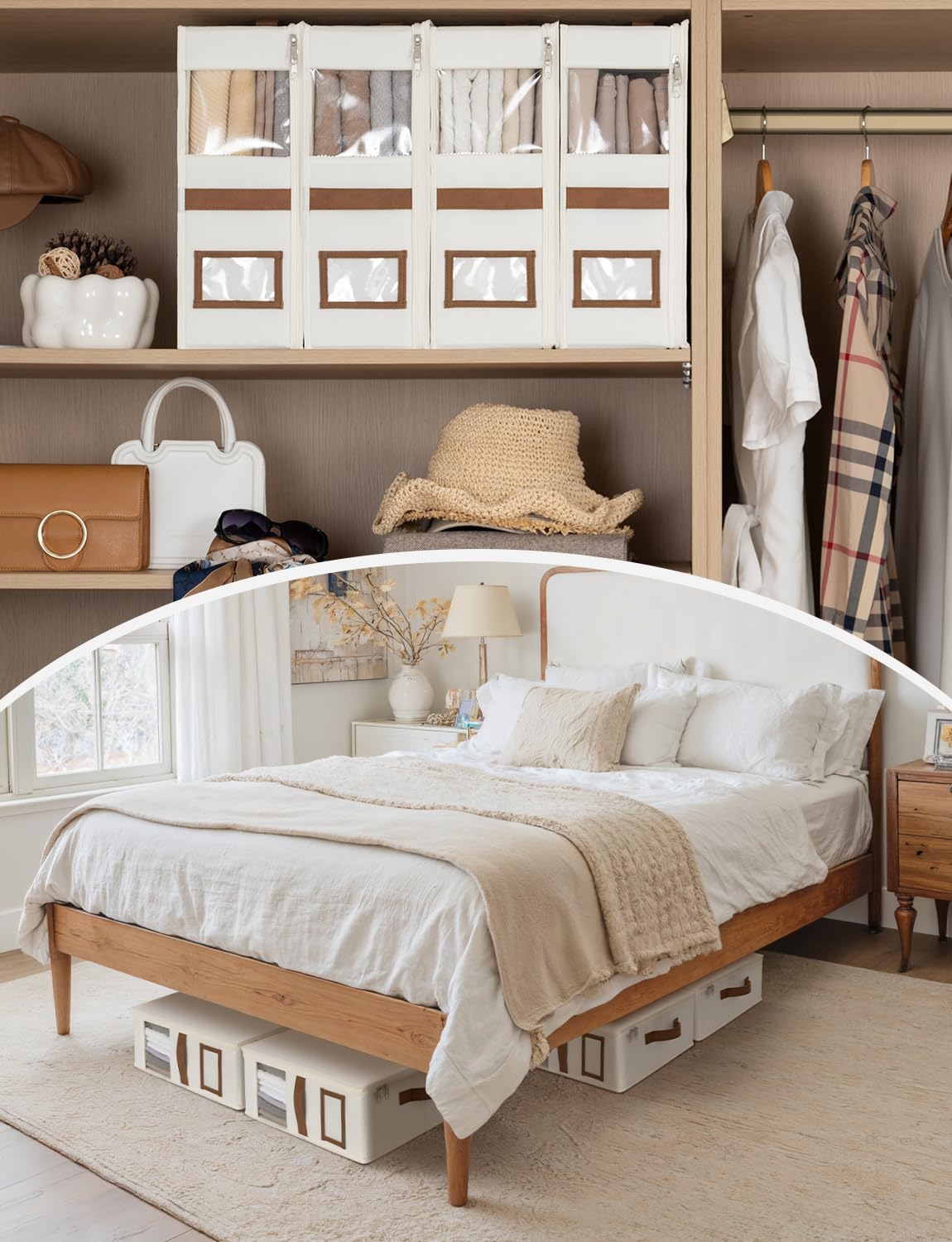 StorageWorks 4-Pack Bed Sheet Organizers and Storage, Foldable Bedsheet Holder for Linen Closet, Bedding Container with Handle, Beige, 15" D x 12¾"W x 5½"H