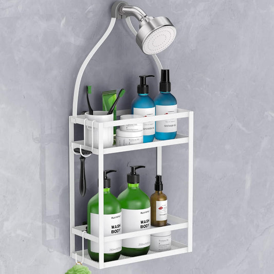 Meangood Shower Caddy 10.4" x 4.5" x 22.04" Hanging Shower Caddy Organizer Over Shower Head Big Capacity for Shampoo, Conditioner with Hooks for Razor/Sponge, White
