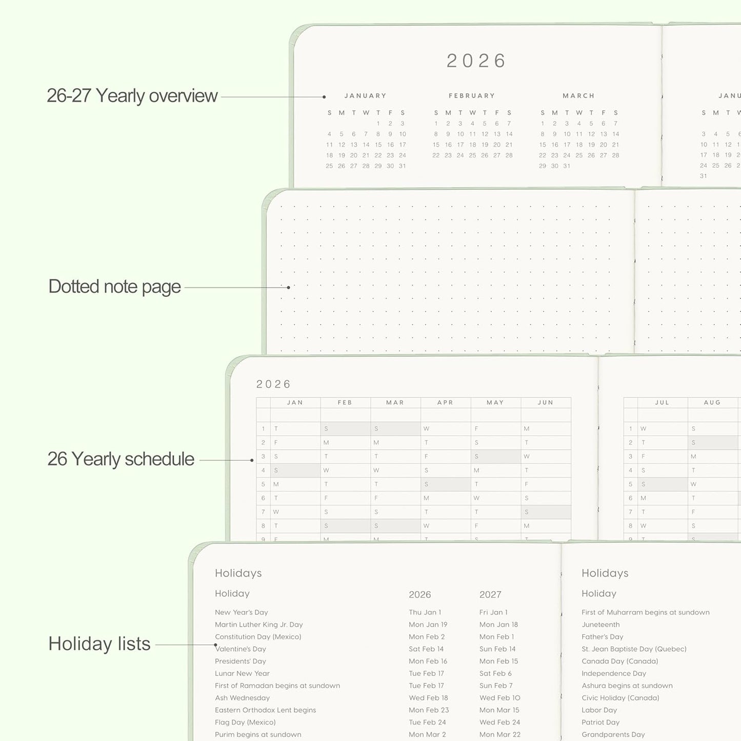 And Per Se 2026 Planner-Daily, Weekly & Monthly Leather Hardcover Planner, 5.7" x 8", Daily Schedule, Monthly Tabs, 100 GSM Thick Paper, Back Pocket(Mint)