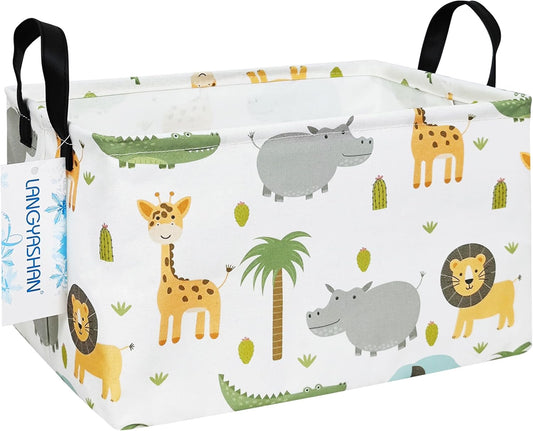 LANGYASHAN Rectangular Storage Bin Collapse Canvas Fabric Cartoon Storage Basket with Handles for Organizing Home Kitchen Boys and Girls Toys Office Closet Shelf Baskets (Rec animal)