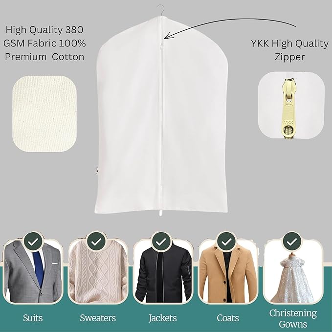 Premium 100% Cotton Garment Bags – 60" Off-White Canvas Suit Cover with YKK Zipper – Breathable, Dust-Proof Storage for Suits, Coats, Dresses, Jackets & Travel/Closet Use