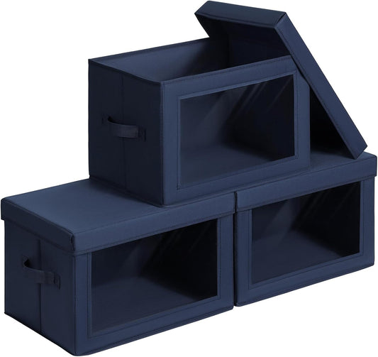Stackable Storage Bins with Lids - Large Storage Box with Lids, Foldable Closet Boxes for Organizing, Wardrobe Clothes Organizer with Window, Cubes Bins for Living Room, 3 Pack, Navy Blue