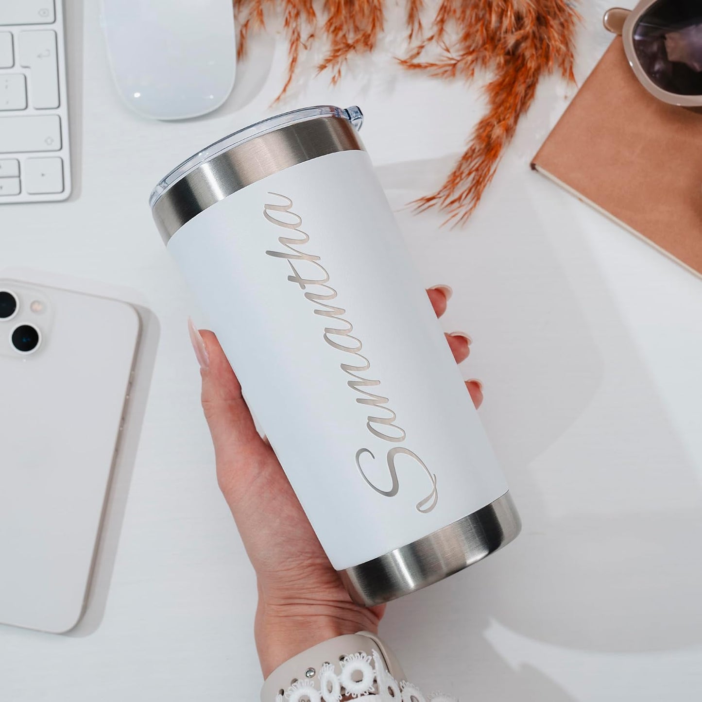 Personalized Tumbler with Engraved Name - 12 Designs, 20 Oz Coffee Tumbler with Slider Lid, White, Double Wall Insulated - Custom Gifts for Women