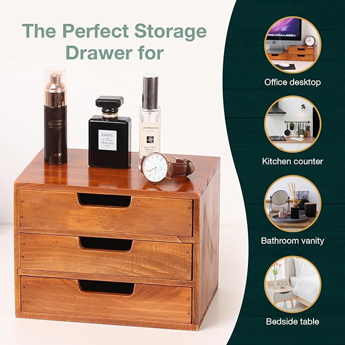 Triple Drawer Desktop Storage Organizer in Modern Wood Design (9.8”x6.9”x 7.5”) 3-Drawer Stackable Drawer Unit - Vanity Accessories Organizer (1-Pack)