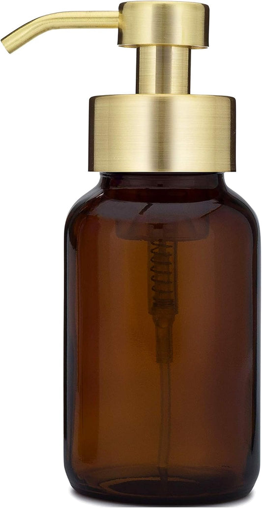 Rail19 Amber Glass Apothecary Foaming Soap Dispenser with Metal Pump - for Kitchen and Bathroom Countertop, 8.5oz (Gold)