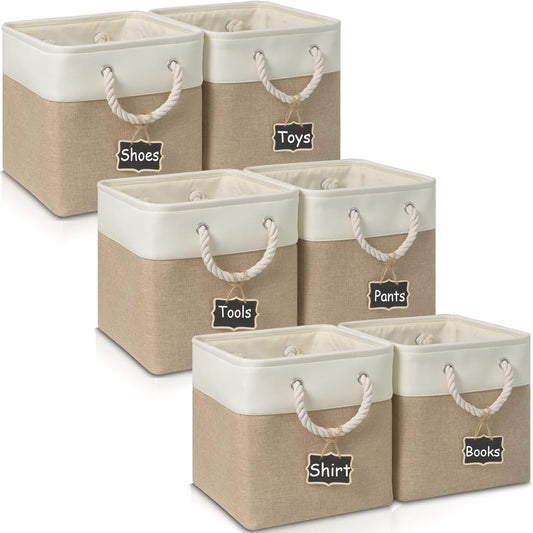 13x13x13 Storage Cubes Bins[6 Pack],Cube Storage Organizer Bins with Rope Handles, Eco-Friendly Linen Collapsible Organizers for Closet, Nursery, Toys, Office, Bathroom–Dual Color Design.(White&Khaki)