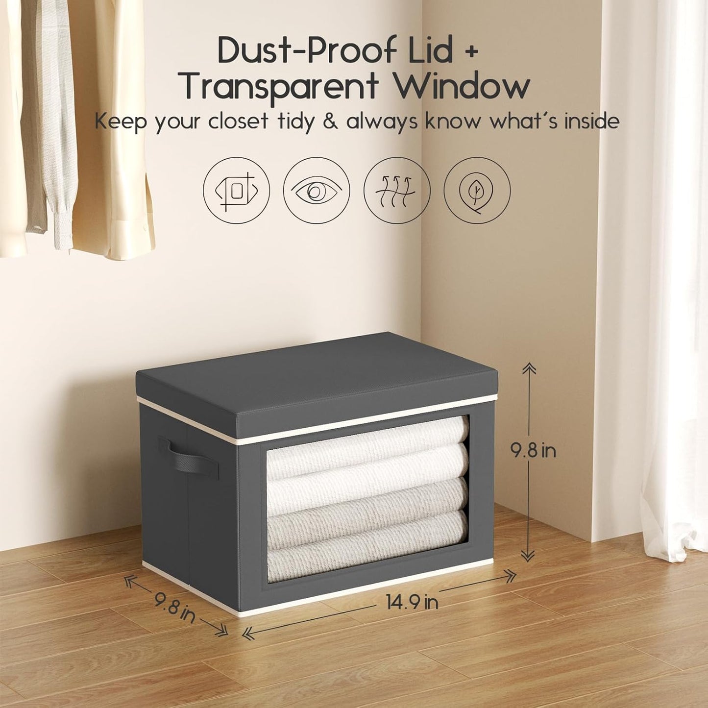 Collapsible Storage Bins with Lids - Stackable Storage Containers with Window, 3 Pack Fabric Bins for Closet, Home & Office Organization Baskets, Dark Gray, 14.9" x 9.8" x 9.8"