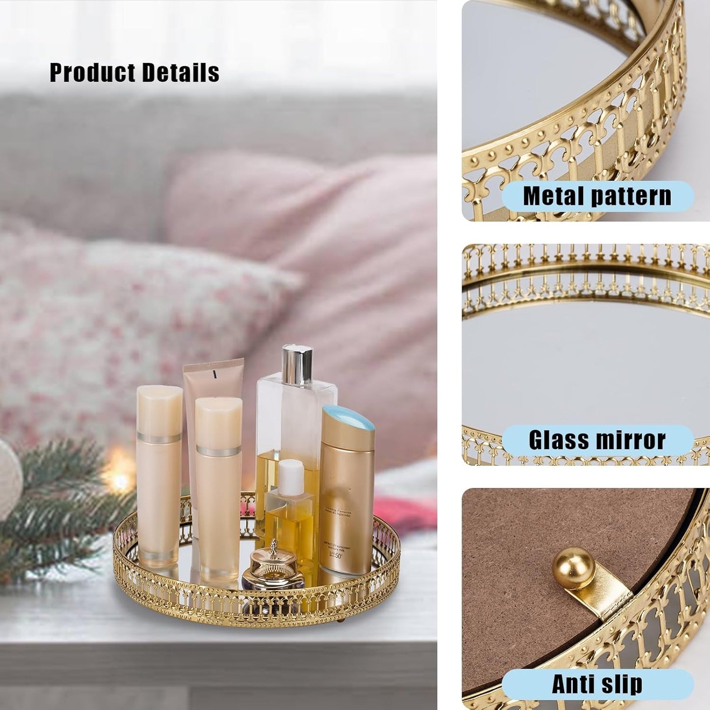 Gold Mirrored Vanity Tray for Bathroom Counter,Metal Decorative Jewelry Storage Tray Cosmetic Perfume Organizer for Dresser,Bedroom,Home Decor,Suit for Candle Holder,Coffee Table Centerpiece,S
