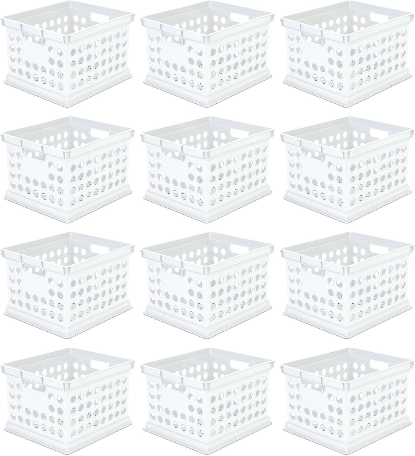 Sterilite Stackable Plastic Storage Crate Bin Organizer File Box with Handles for Home, Office, Dorm, Garage, or Utility Organization, White, 12-Pack