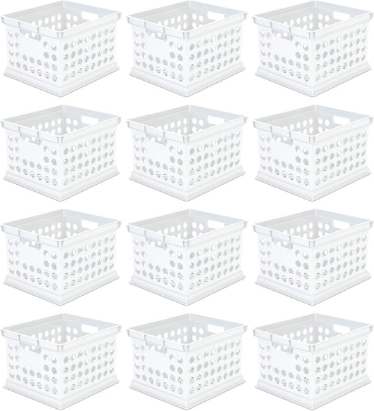 Sterilite Stackable Plastic Storage Crate Bin Organizer File Box with Handles for Home, Office, Dorm, Garage, or Utility Organization, White, 12-Pack