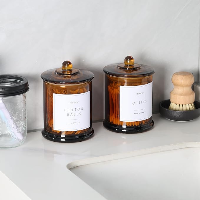 Qtip Holder & Cotton Pad Dispenser, Bathroom Organizer and Storage Canisters, 16oz Glass Apothecary Jars for Kitchen, Restroom - Home Decor Accessories, Room Decor Aesthetic (2 Pack, Amber)