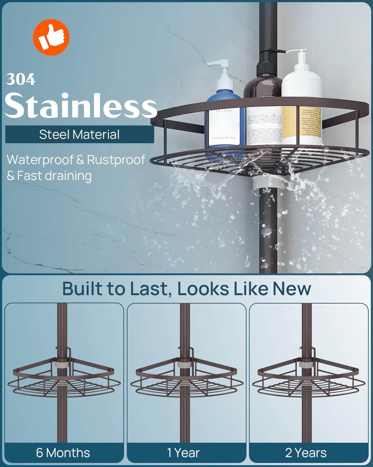 SEIRIONE Rustproof Shower Corner Caddy Organizer for Bathroom,Tension Pole with 4 Baskets, for Bathtub Storage Rack, 34 to 116 Inch Height, Bronze